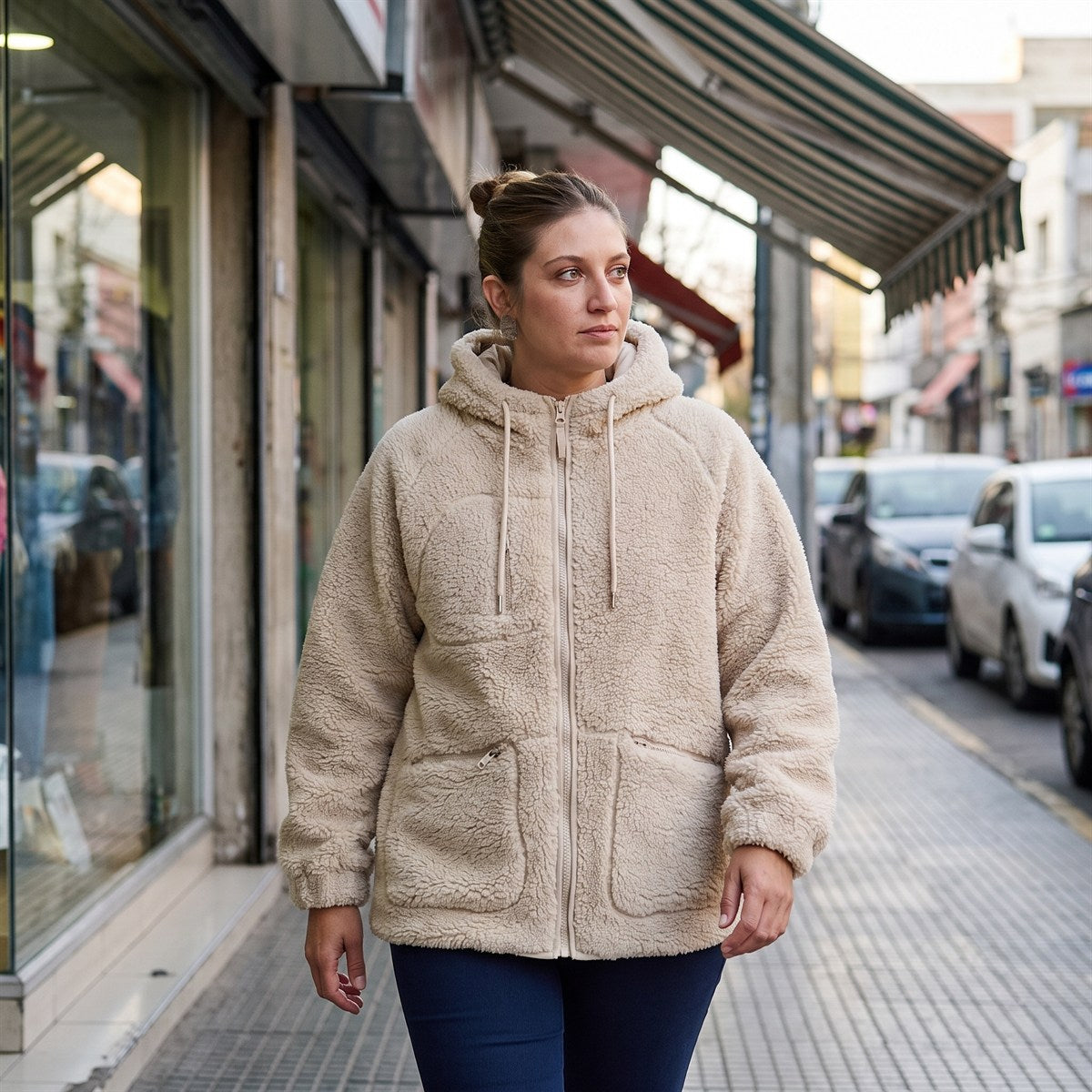 Polerón Sherpa Beige Con Capucha Y Bolsillos lifestyle