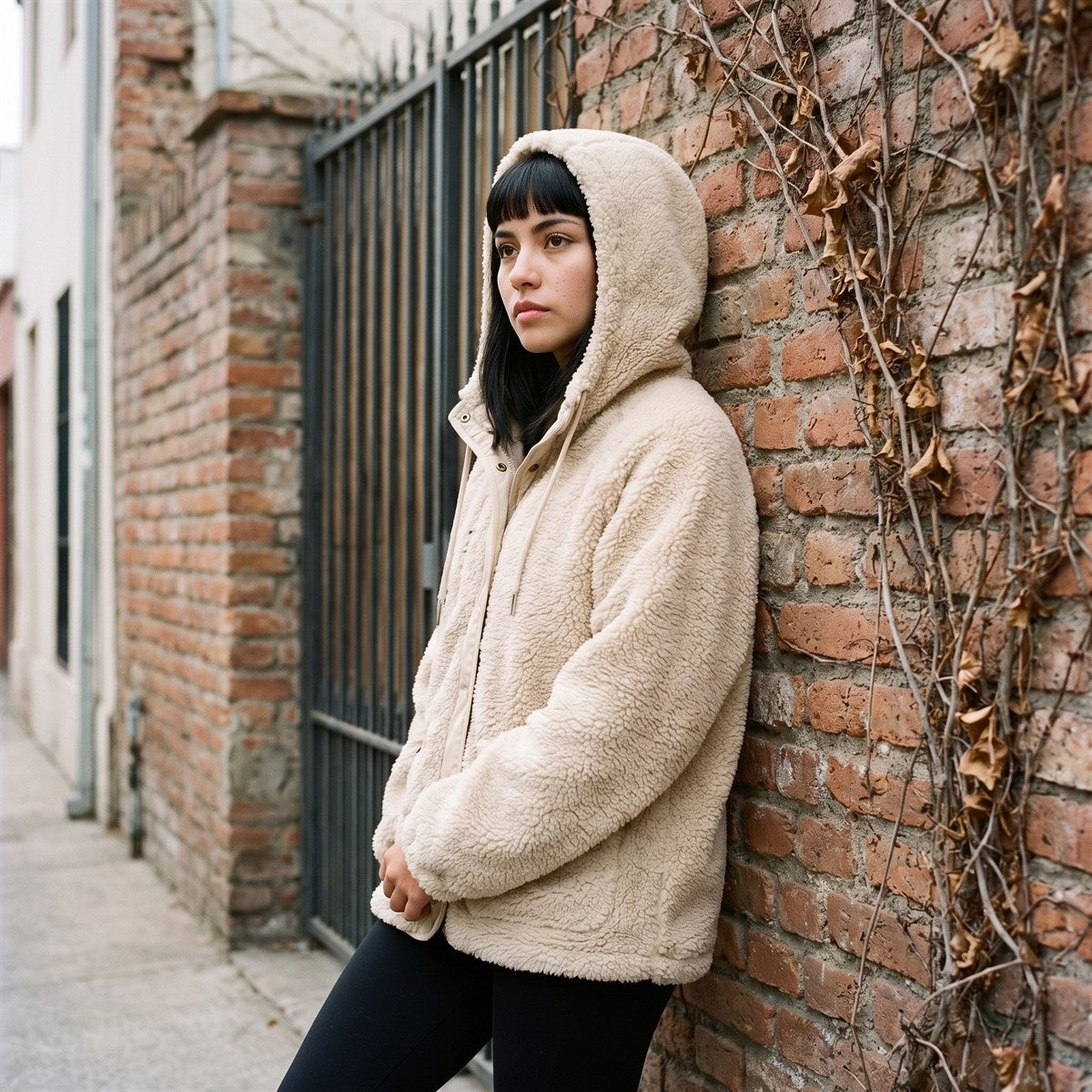 Polerón Sherpa Beige Con Capucha Y Bolsillos lifestyle