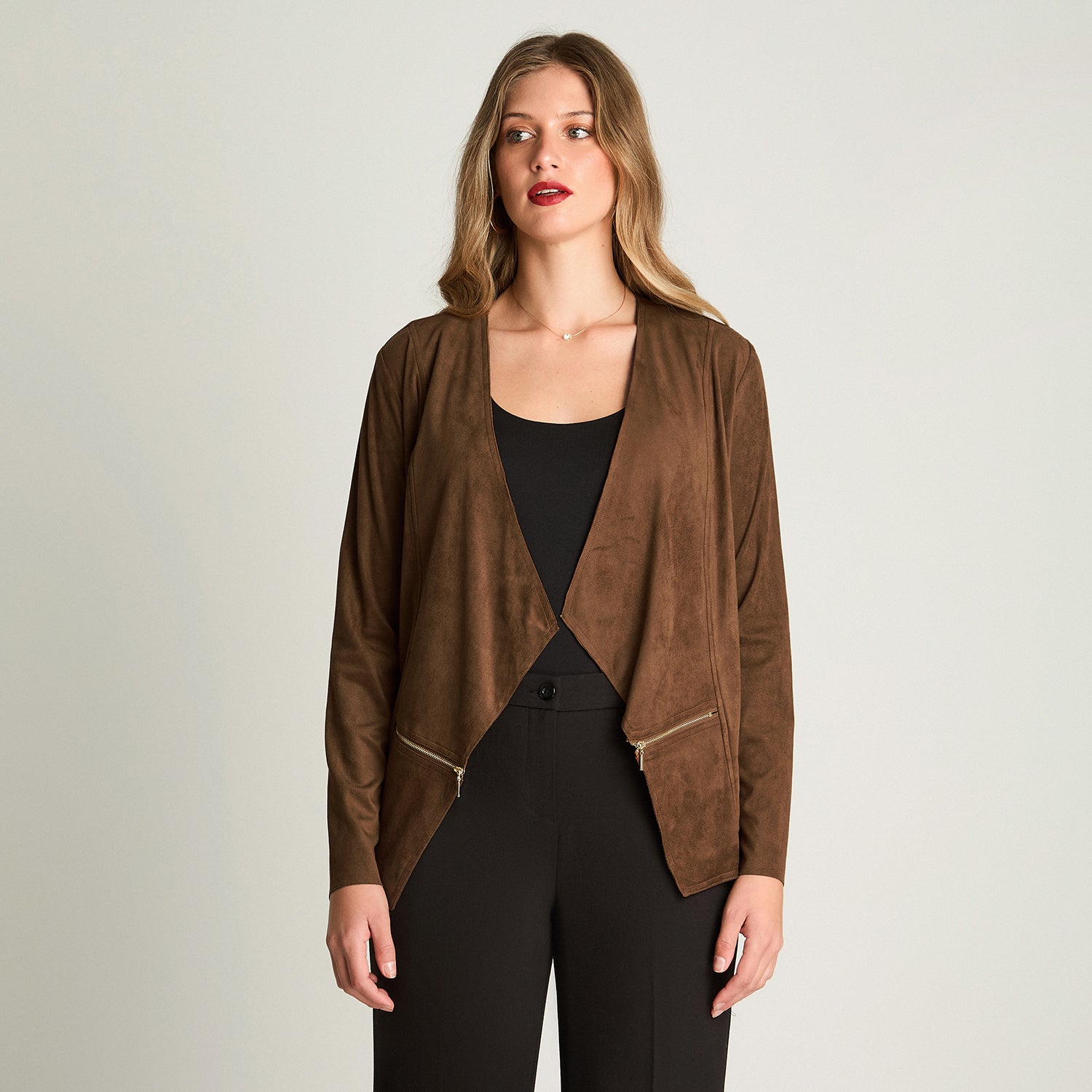 Chaqueta Tipo Tapado De Suede Asimetrico Camel Lorenzo Di Pontti