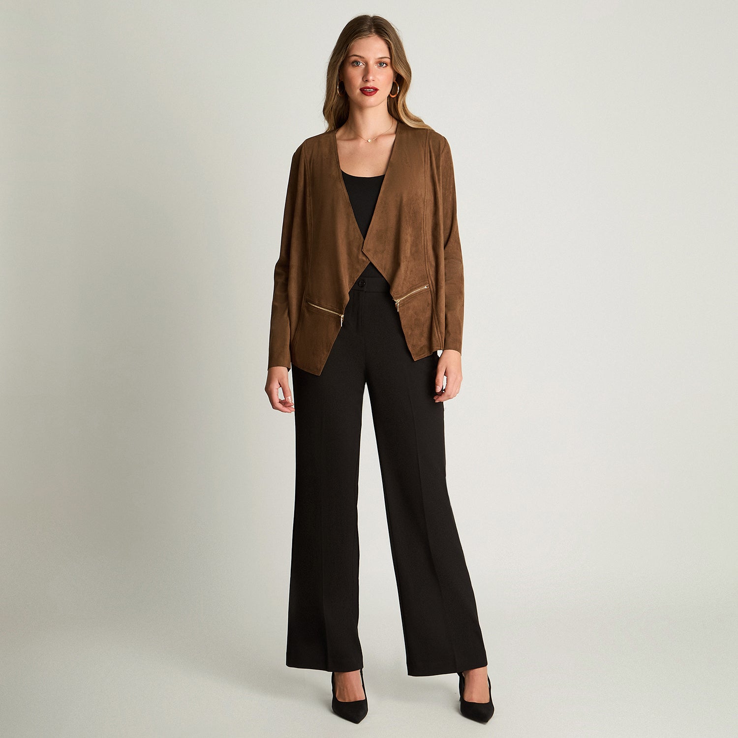 Chaqueta Tipo Tapado De Suede Asimetrico Camel Lorenzo Di Pontti