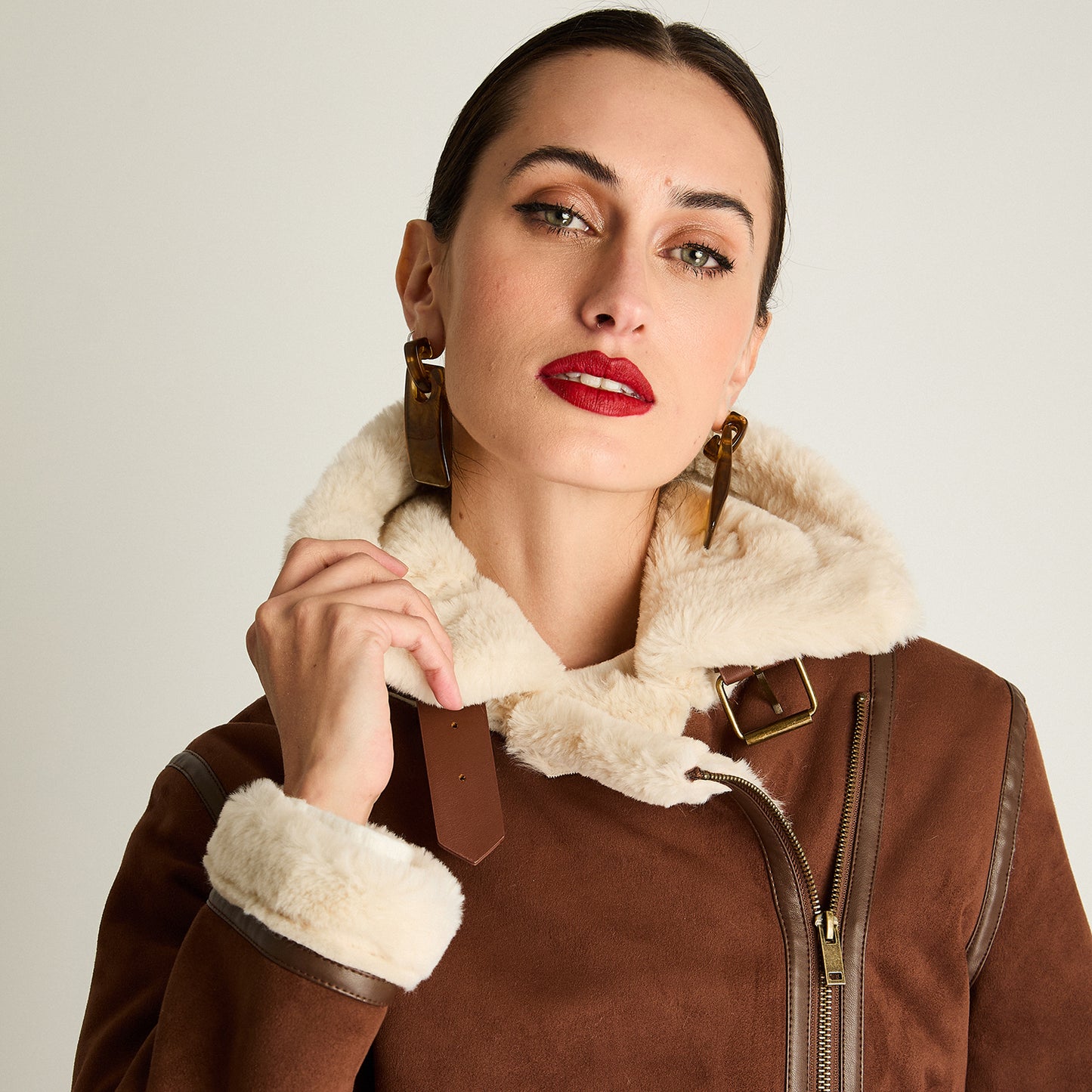 Chaqueta Biker Bonded Cinturón Café