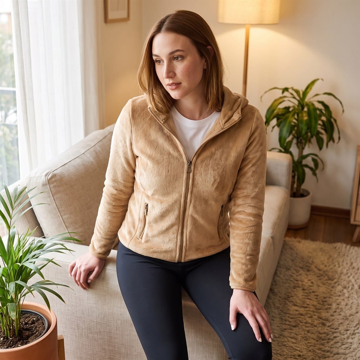 Polerón Camel Coral Fleece con Cuello Alto y Cierre Full Zipper lifestyle