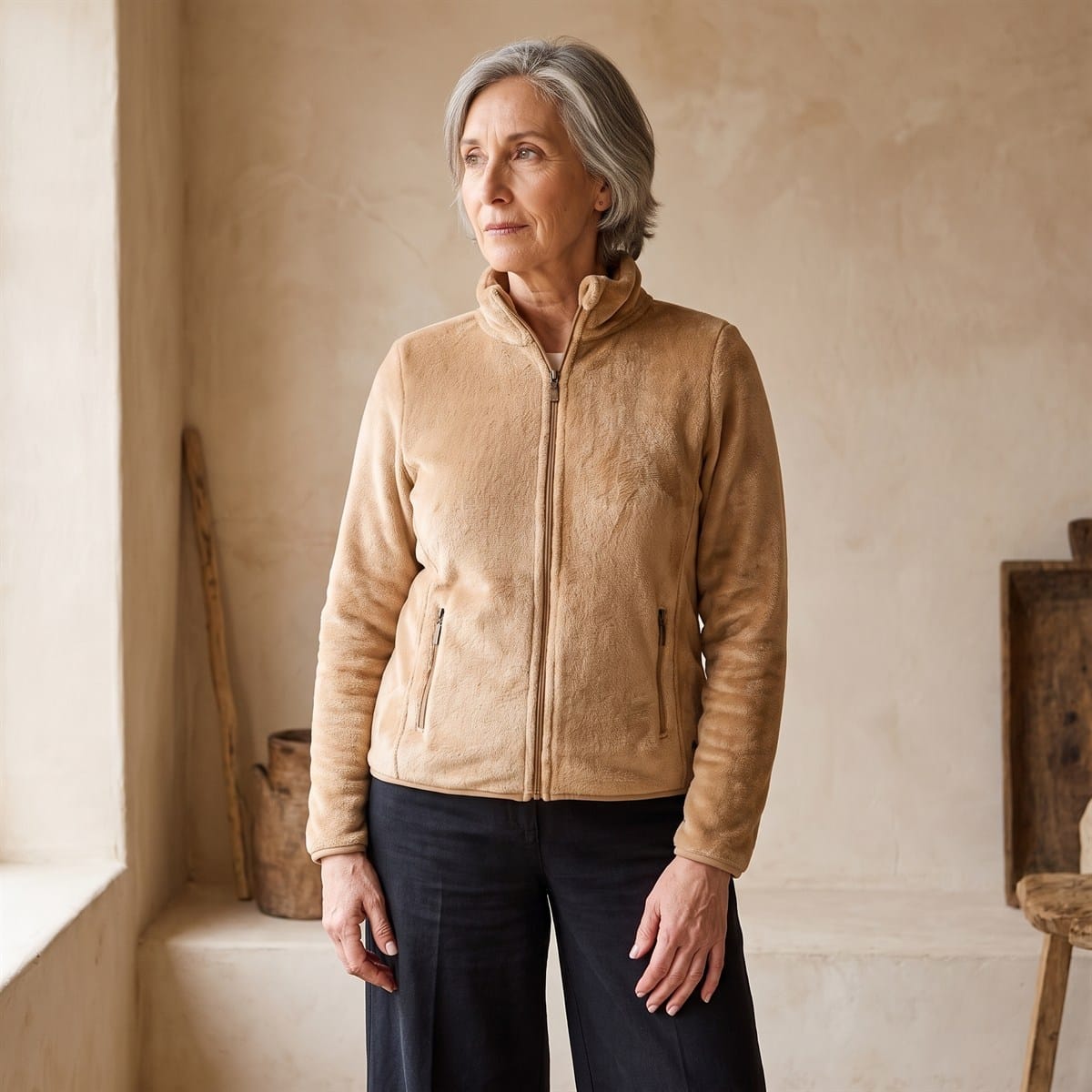 Polerón Camel Coral Fleece con Cuello Alto y Cierre Full Zipper lifestyle