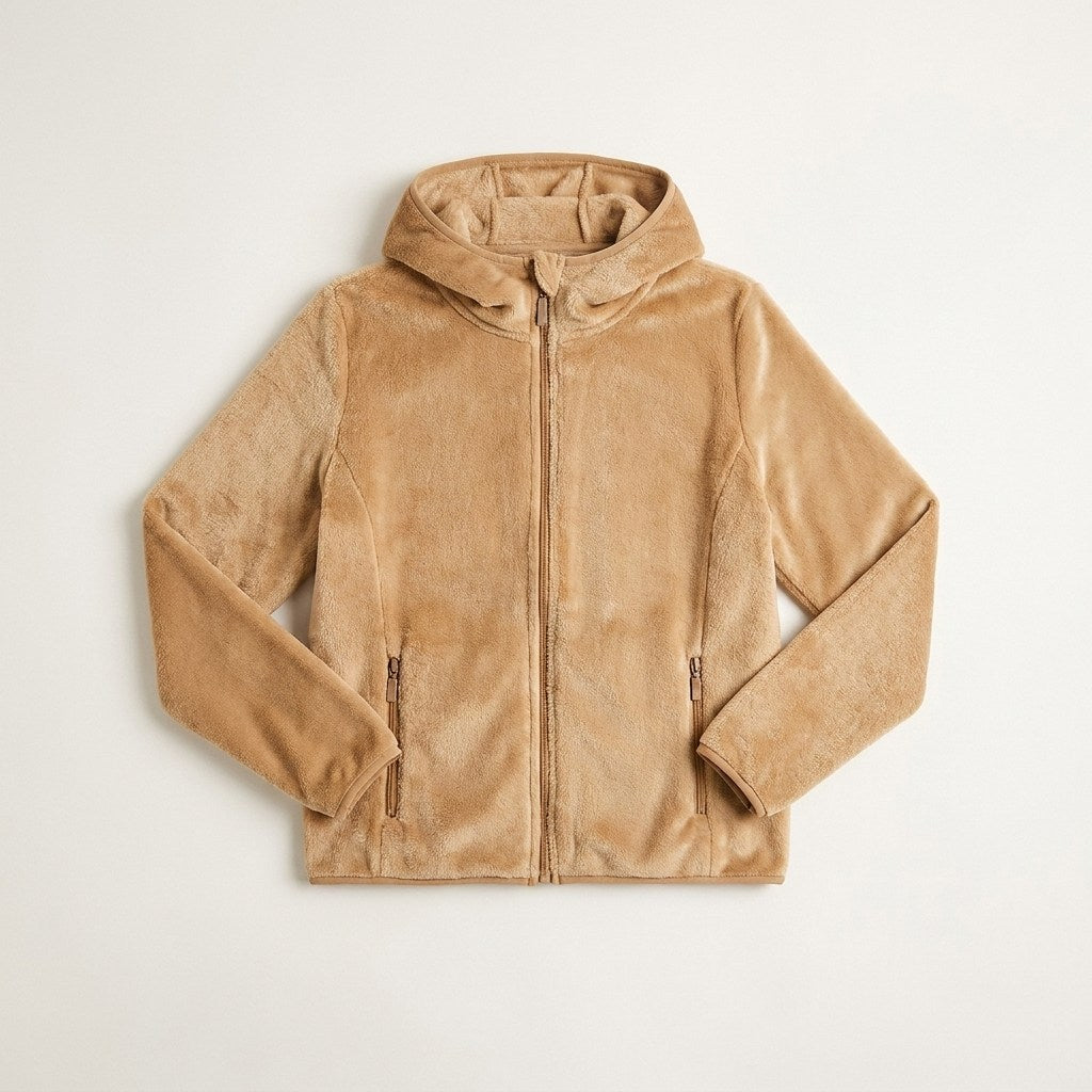 Polerón Camel Coral Fleece con Cuello Alto y Cierre Full Zipper en plano