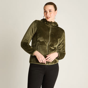 Poleron Coral Fleece Verde Manga Larga Elasticidad Media Sin Forro Calce Normal Tela Punto