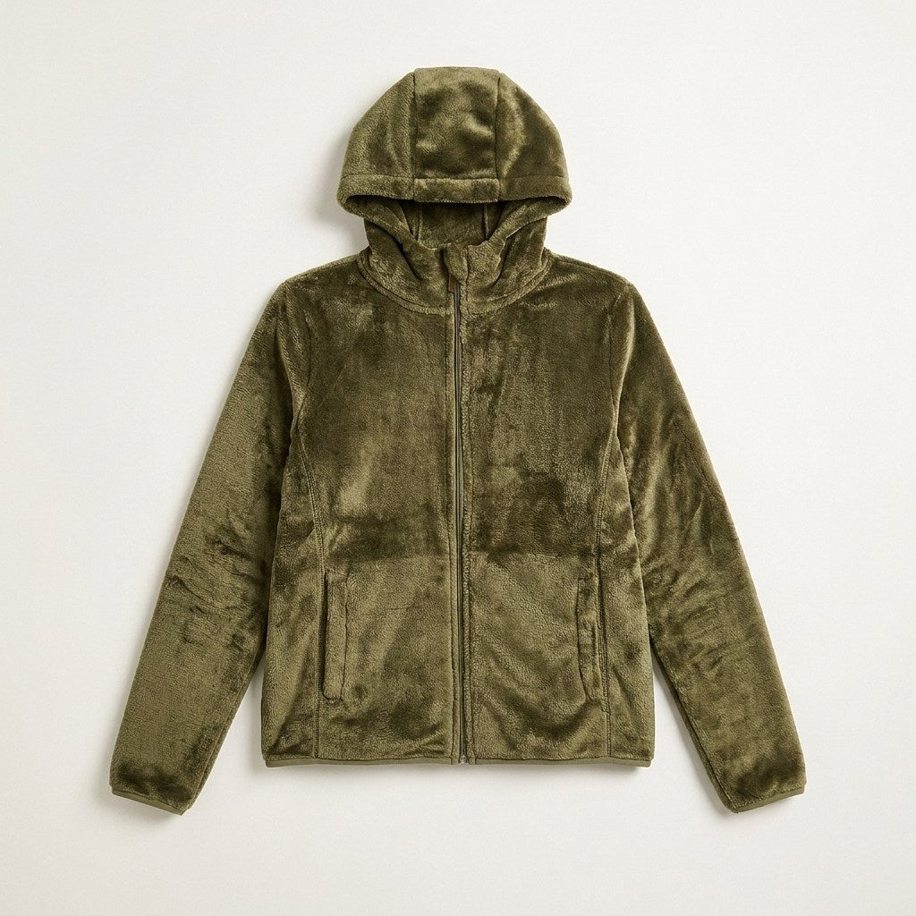 Polerón Verde Coral Fleece con Cuello Alto y Cierre Full Zipper en plano