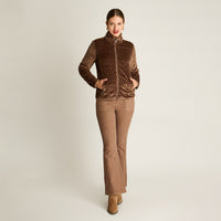 Poleron Coral Fleece Taupe Manga Larga Elasticidad Baja Sin Forro Calce Normal Tela Punto