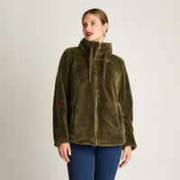 Poleron Coral Fleece Verde Manga Larga Elasticidad Baja Sin Forro Calce Normal Tela Punto