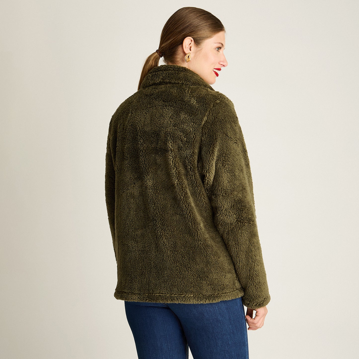Poleron Coral Fleece Verde Manga Larga Elasticidad Baja Sin Forro Calce Normal Tela Punto