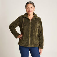 Polerón Coral Fleece Mujer Full Zipper Efecto Piel Verde en modelo adulta