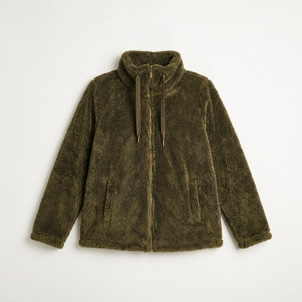 Polerón Coral Fleece Mujer Full Zipper Efecto Piel Verde en plano