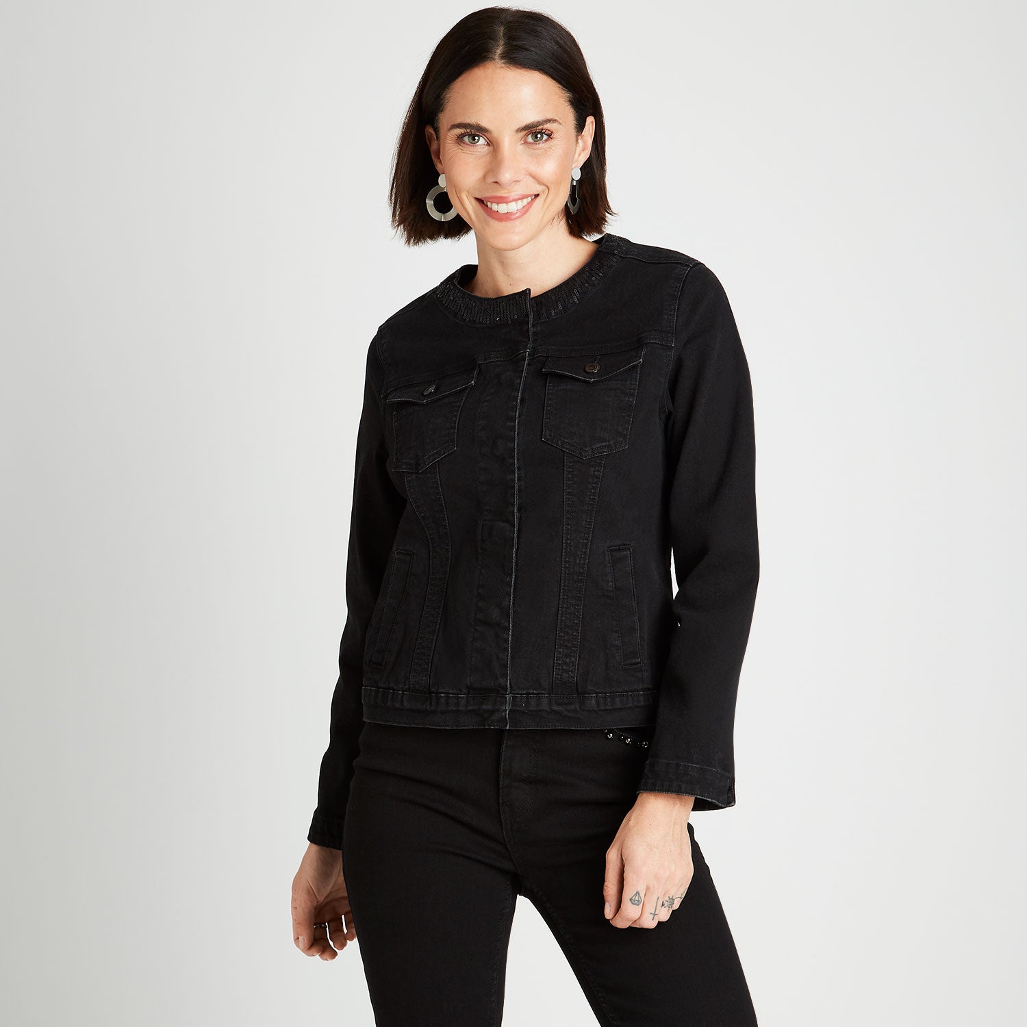 Chaqueta Mezclilla Negro Cuello Redondo