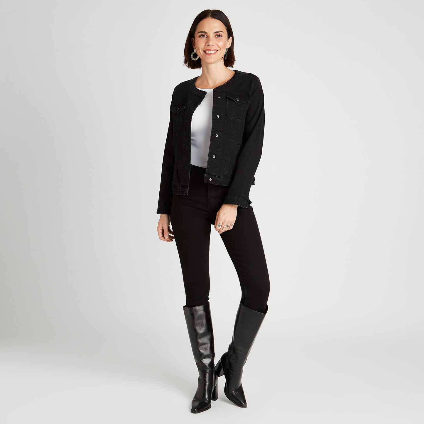 Chaqueta Mezclilla Negro Cuello Redondo