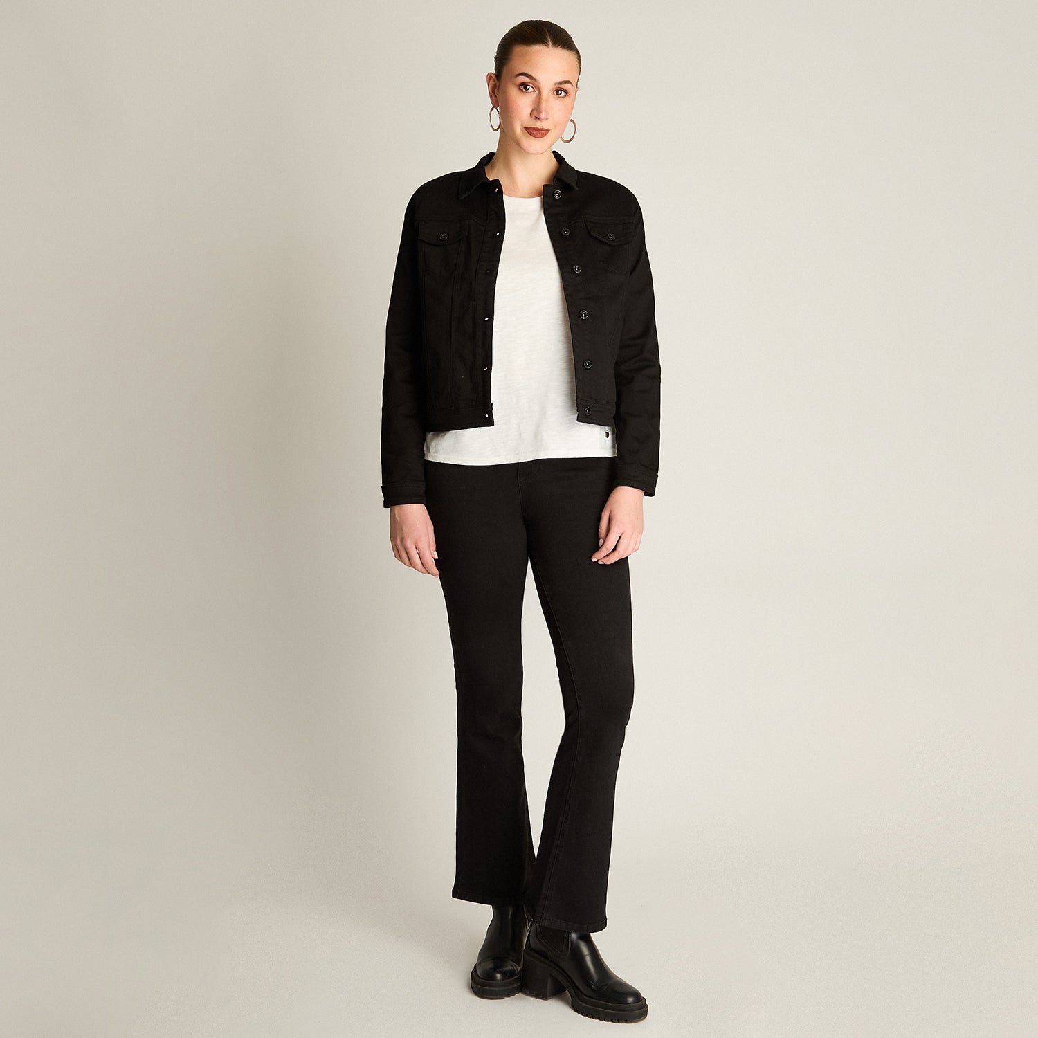 Casaca Mezclilla Negro Manga Larga Elasticidad Chaqueta Tt Holgado Calce Nula Tela Denim