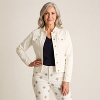 Casaca Mezclilla Blanco Manga Larga en modelo adulta