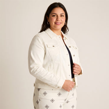 Casaca Mezclilla Blanco Manga Larga en modelo plus size