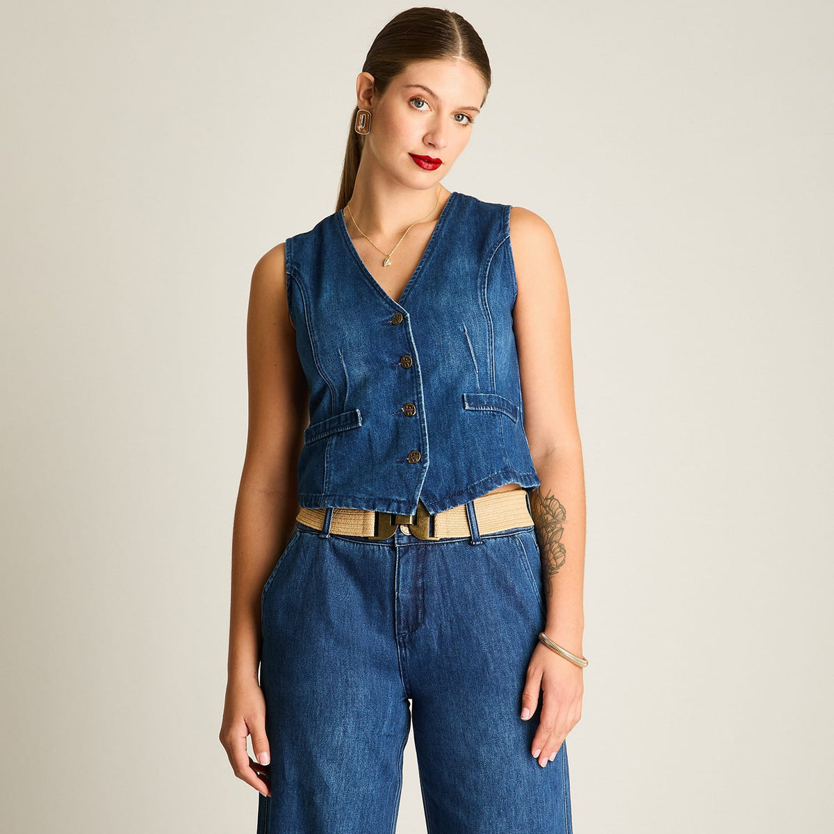Casaca Mezclilla Blue Medio Sin Mangas Elasticidad Nula Sin Forro Calce Ajustado Tela Denim