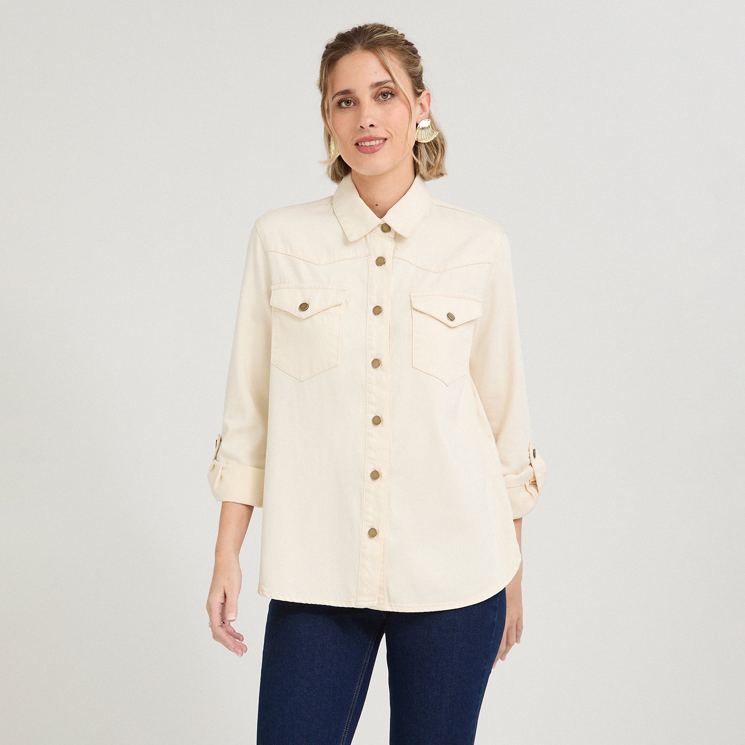 Blusa Manga Larga Lyocell Denim Beige