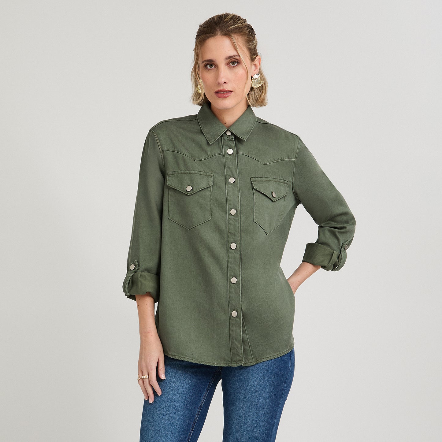 Blusa Manga Larga Lyocell Denim Verde