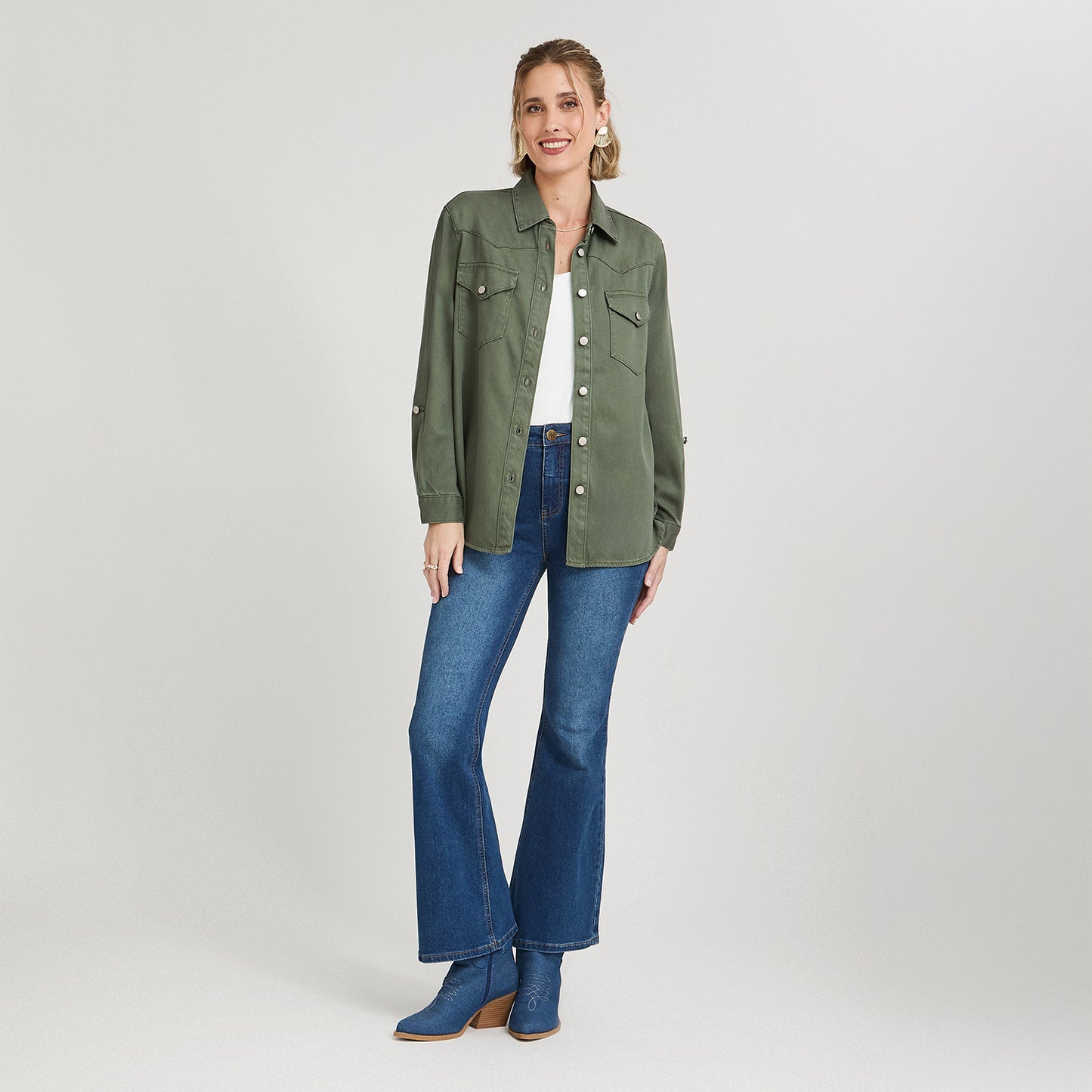 Blusa Manga Larga Lyocell Denim Verde