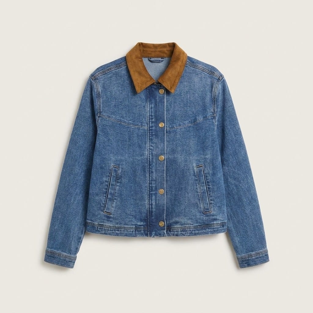 Casaca Mezclilla  con Suede en Cuello Azul en plano