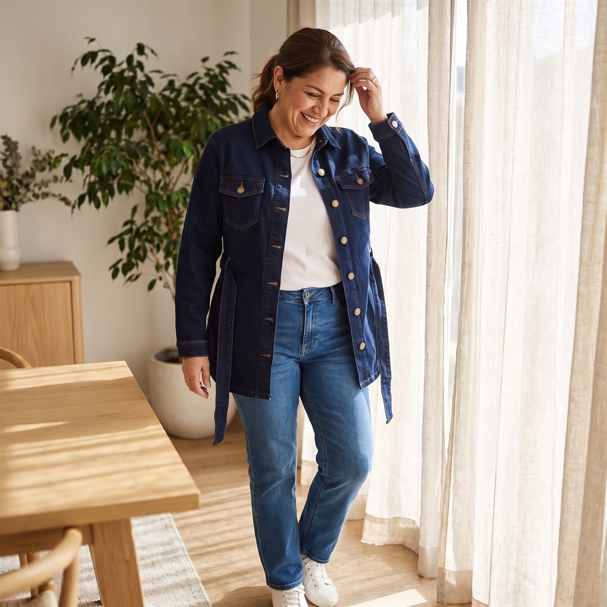 Casaca Mezclilla  Larga con Amarra en Cintura Azul lifestyle