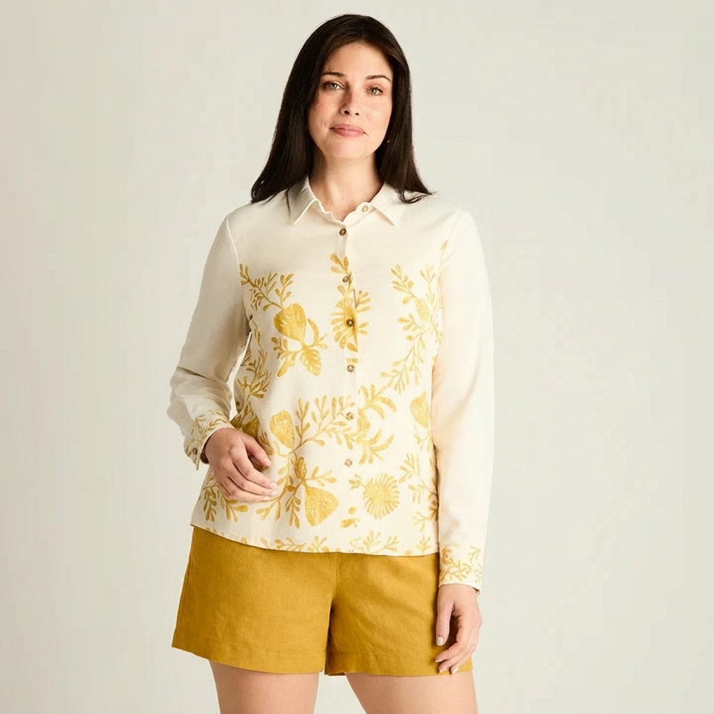 Blusa Lino Manga Larga con Estampado y Cuello Camisero