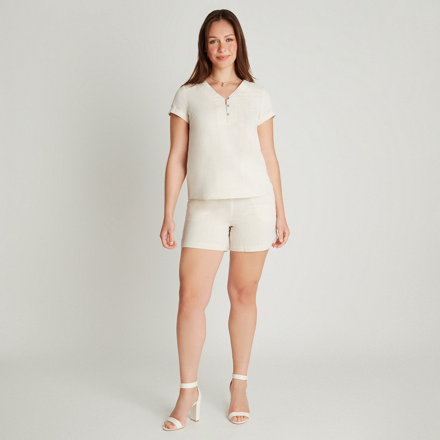 Blusa Beige Manga Corta Cuello - Lorenzo di Pontti
