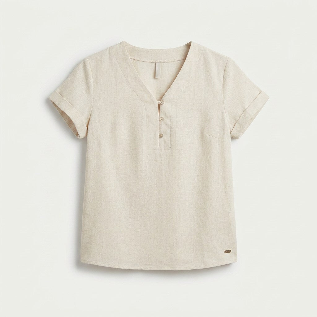 Blusa Beige Manga Corta Cuello V en plano