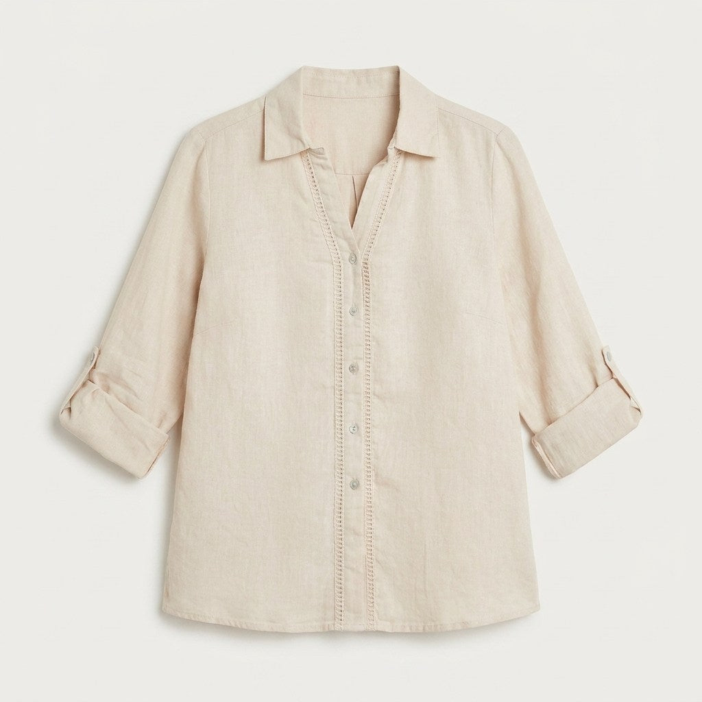 Blusa Lino Arena Manga Larga Cuello Camisero en plano
