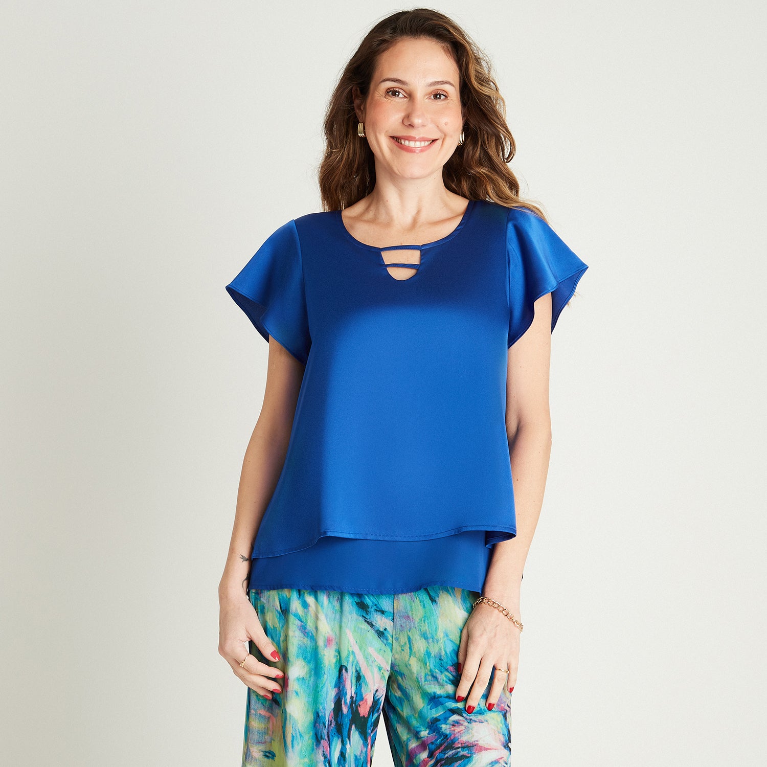 Blusa Azulino Manga Corta Cuello Redondo Lorenzo di Pontti