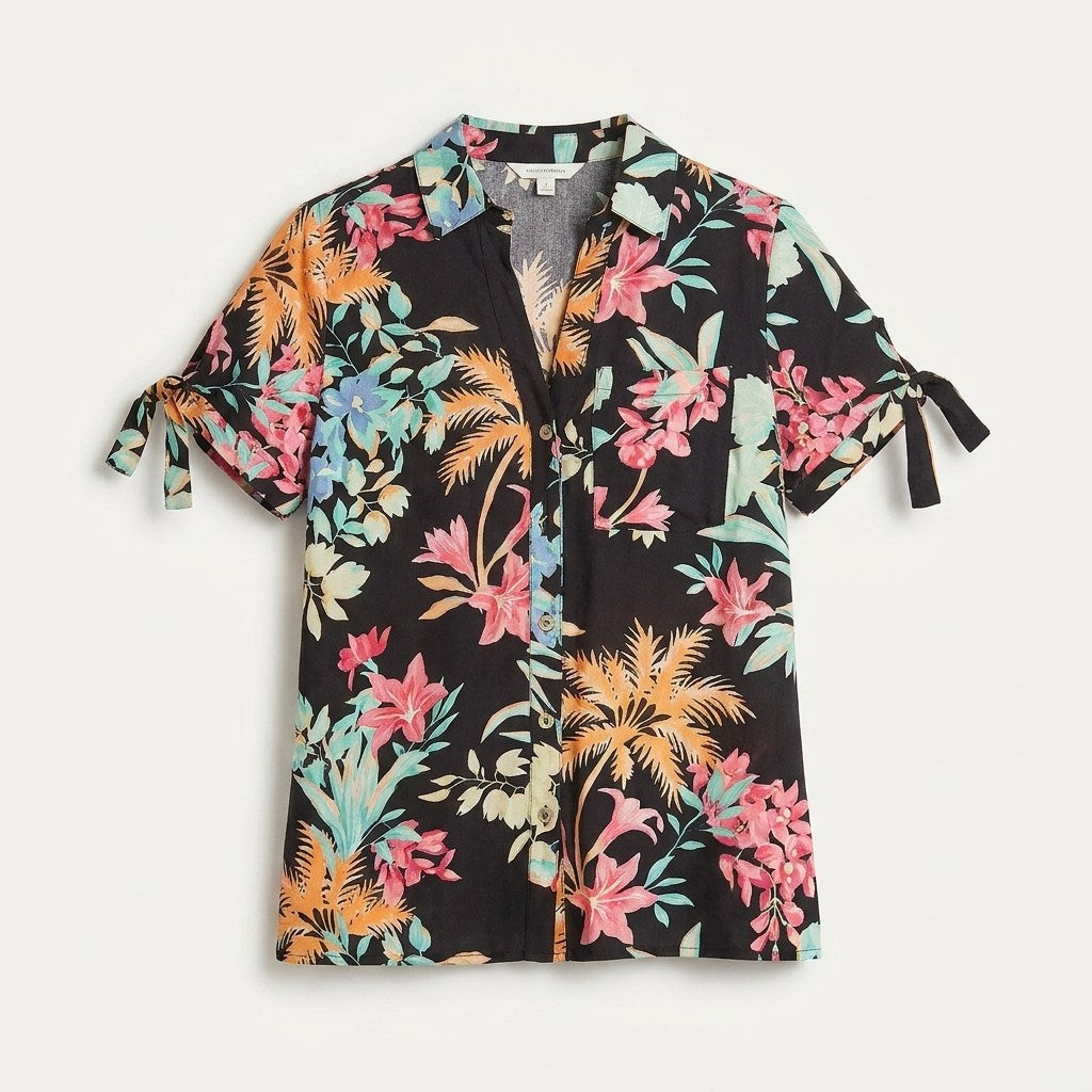 Blusa Negro Manga Corta Estampado Cuello Camisero en plano