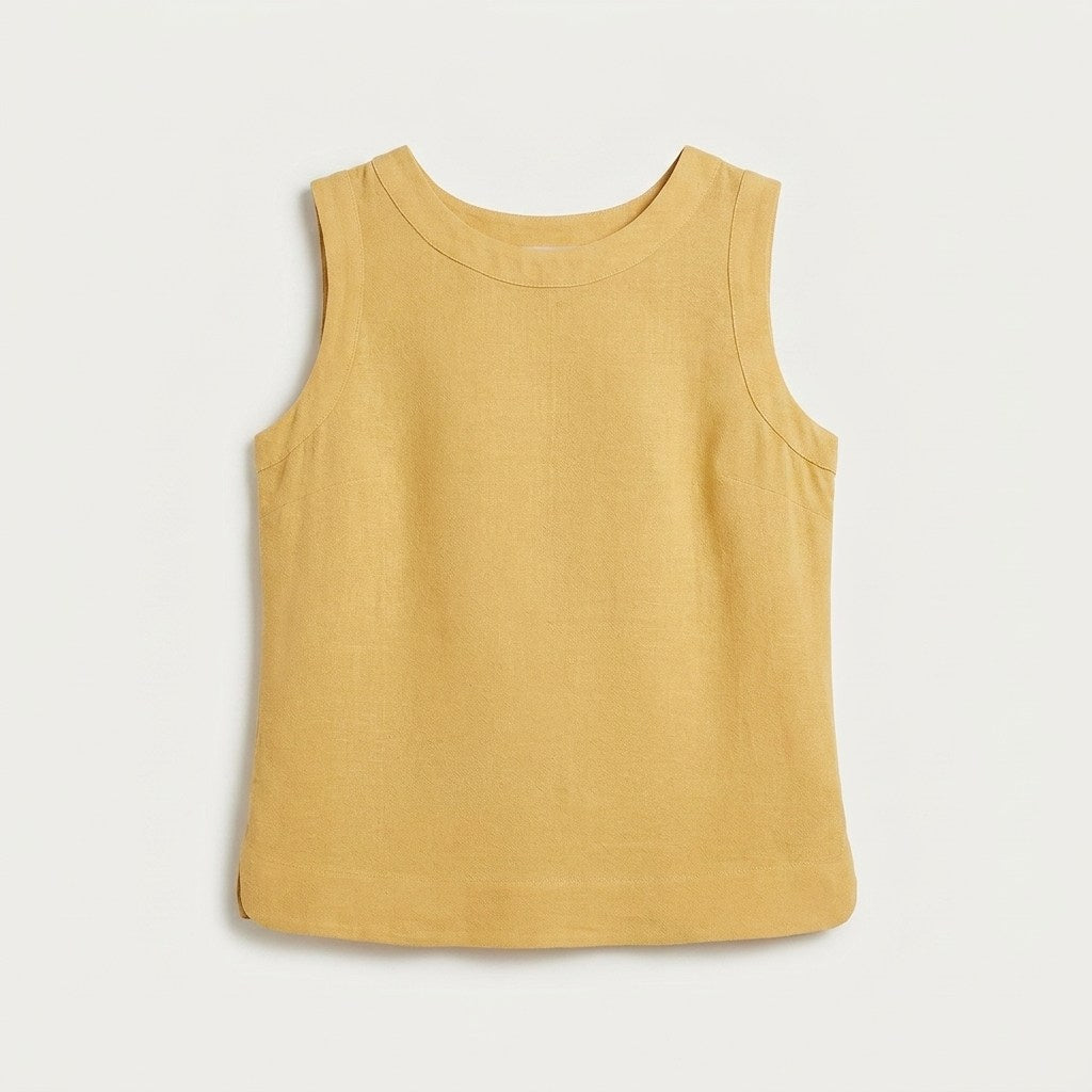 Blusa Mostaza Sin Manga Liso y Estampado Cuello Redondo en plano