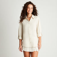 Blusa Lino Beige Manga Larga Cuello Camisero
