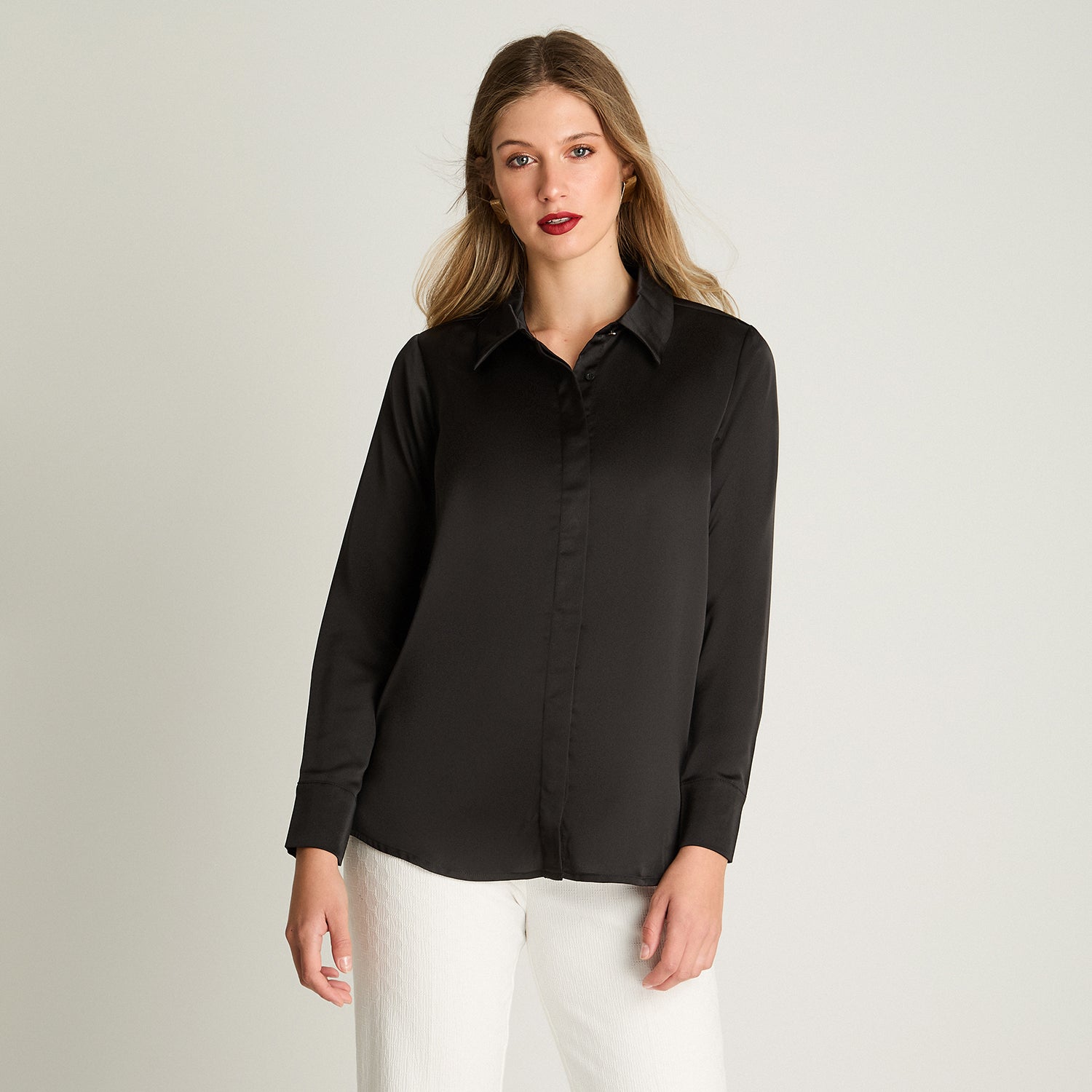 Blusa Camisera Manga Larga Satintada Negro Lorenzo Di Pontti