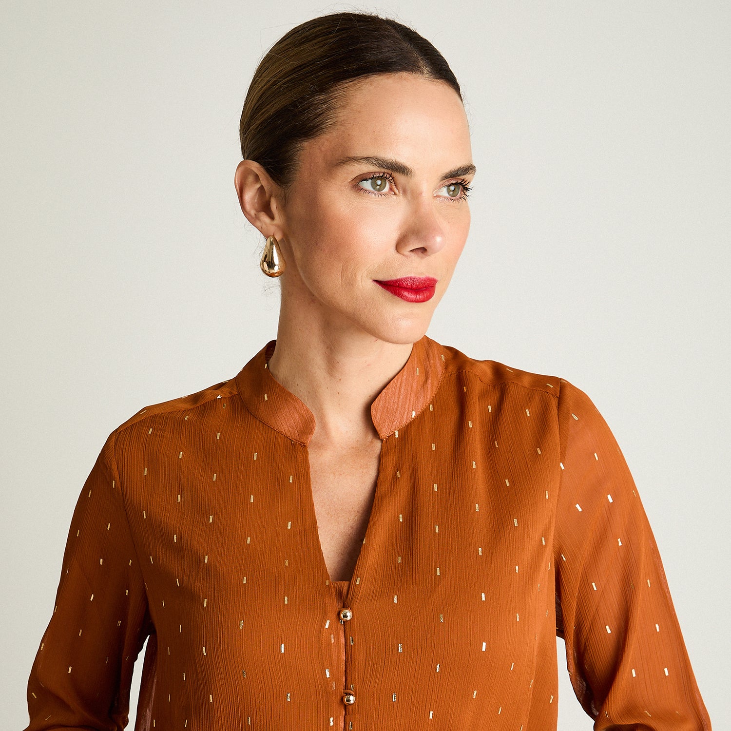 Blusa Manga Larga Escote Mao Tela Fantasia Terracota Lorenzo Di Pontti