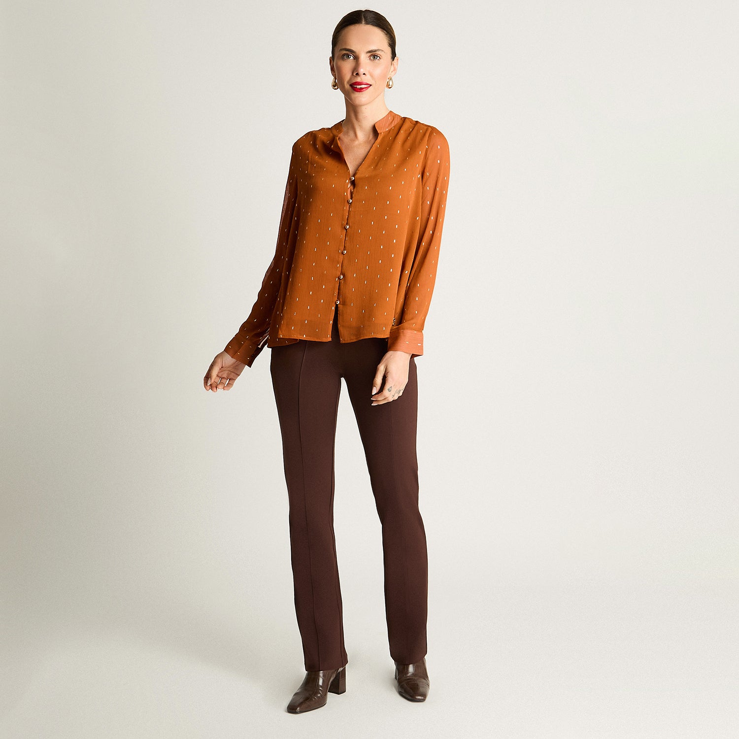 Blusa Manga Larga Escote Mao Tela Fantasia Terracota Lorenzo Di Pontti