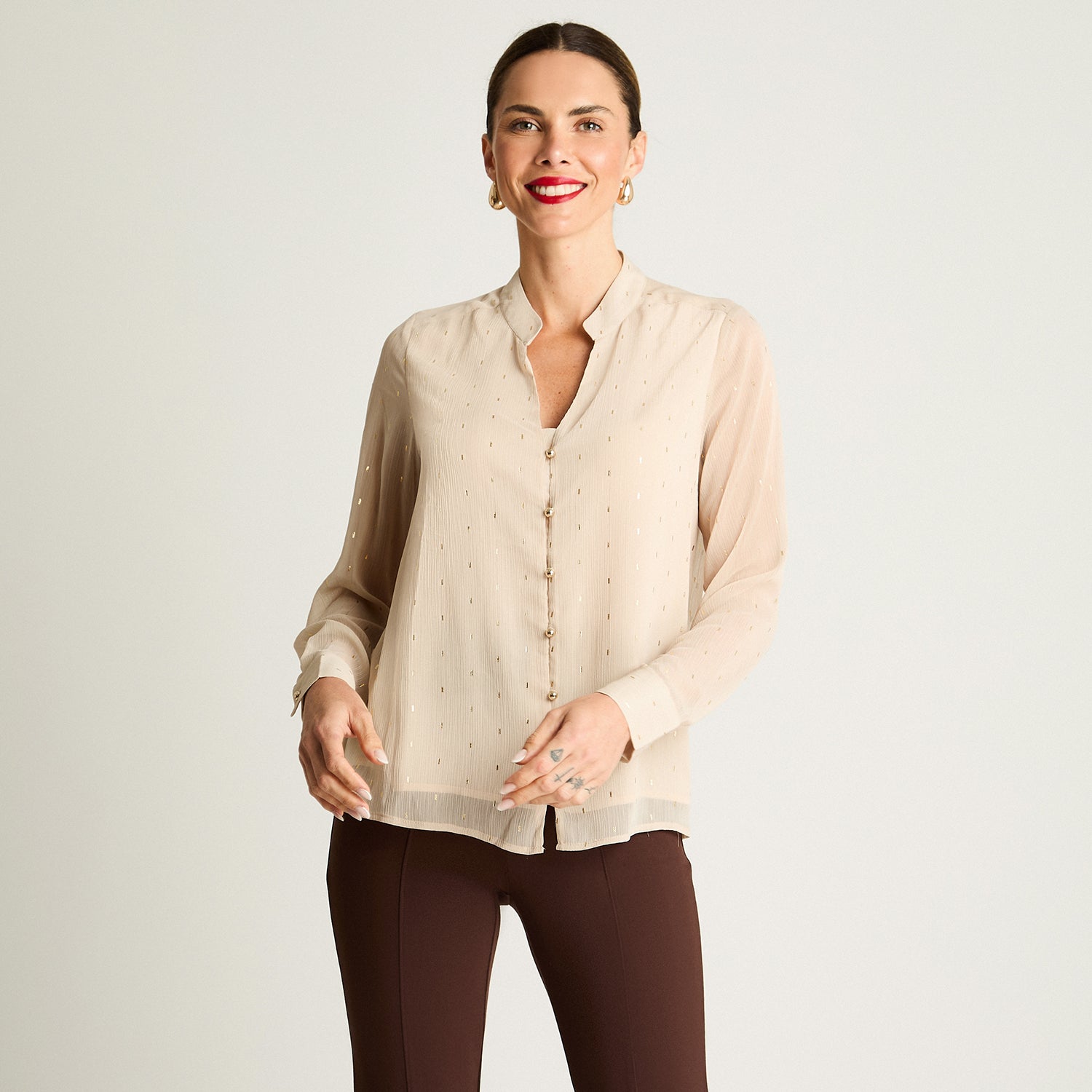 Blusa Manga Larga Escote Mao Tela Fantasia Beige Lorenzo Di Pontti