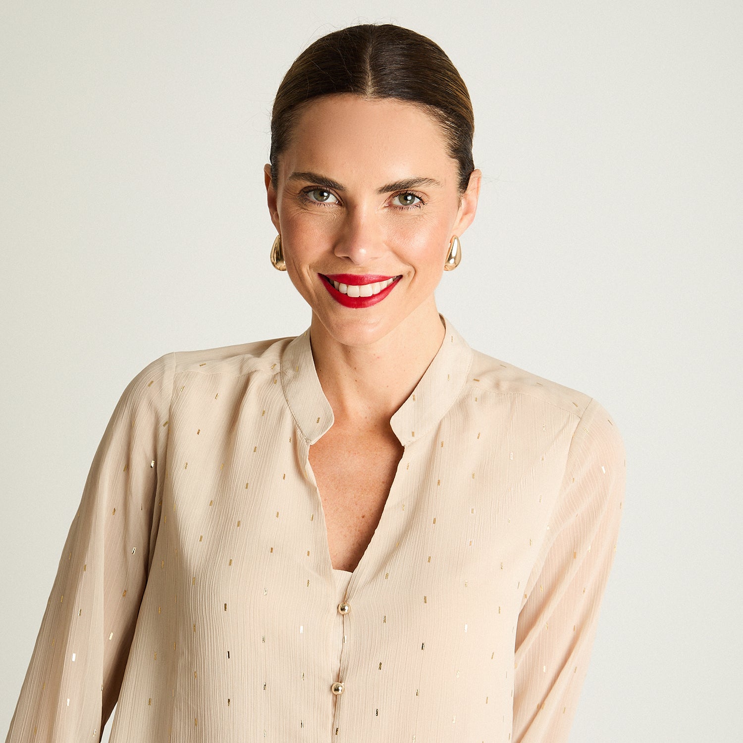 Blusa Manga Larga Escote Mao Tela Fantasia Beige Lorenzo Di Pontti