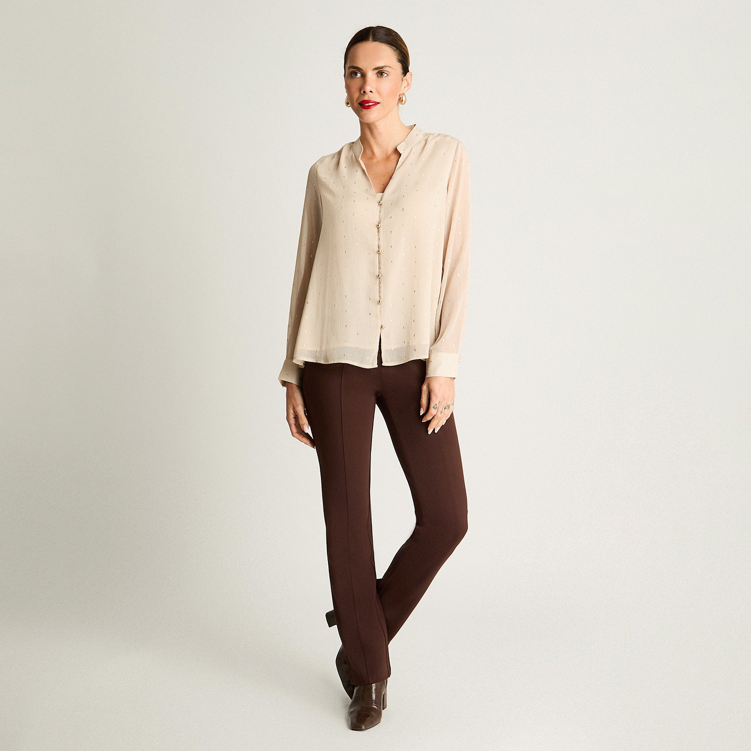 Blusa Manga Larga Escote Mao Tela Fantasia Beige Lorenzo Di Pontti