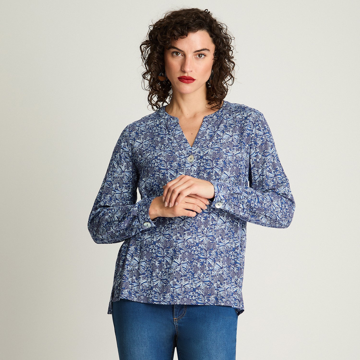 Blusa Cuello Mao Botones Azul Curvi