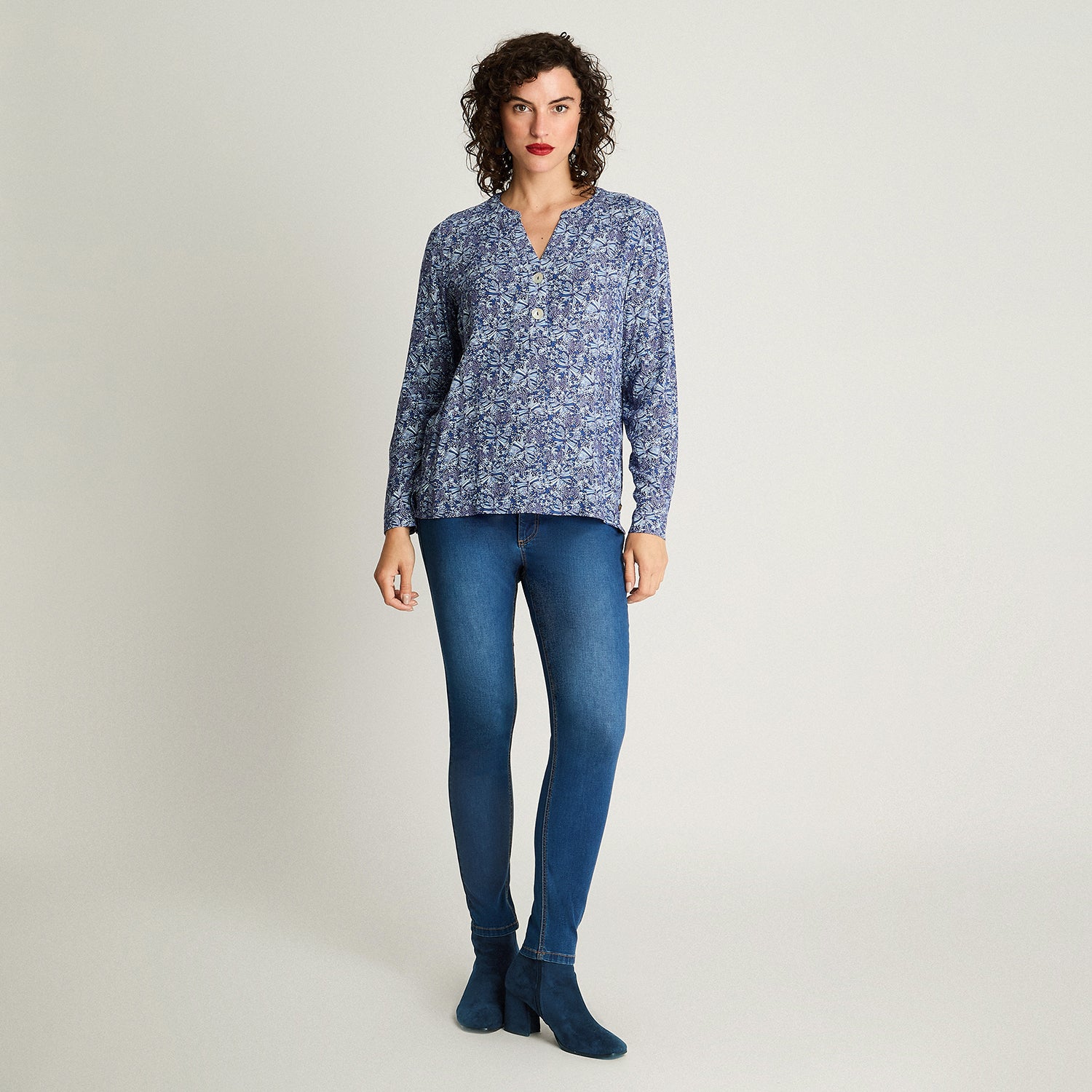 Blusa Cuello Mao Botones Azul Curvi