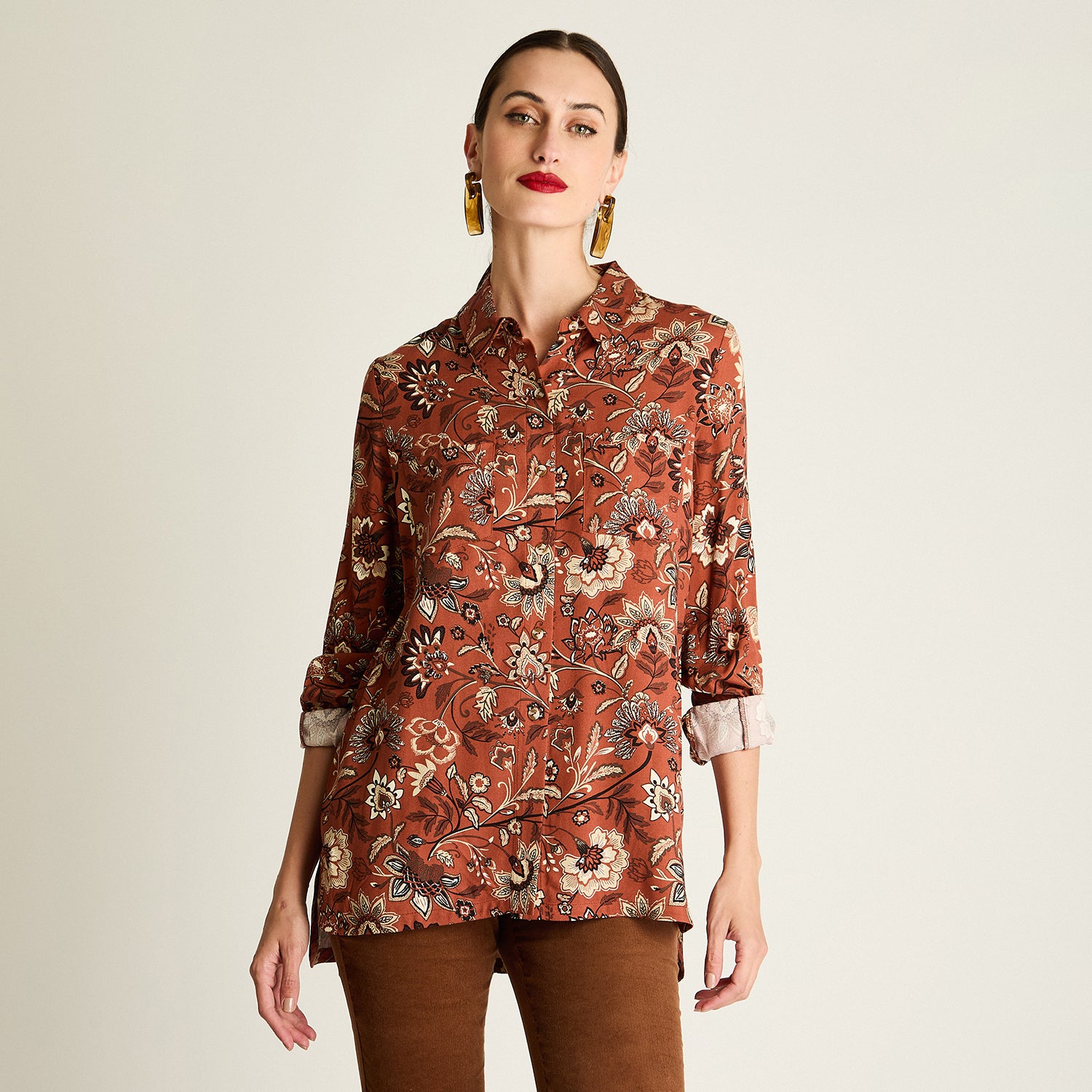 Blusa Estampada Viscosa Twill Terracota