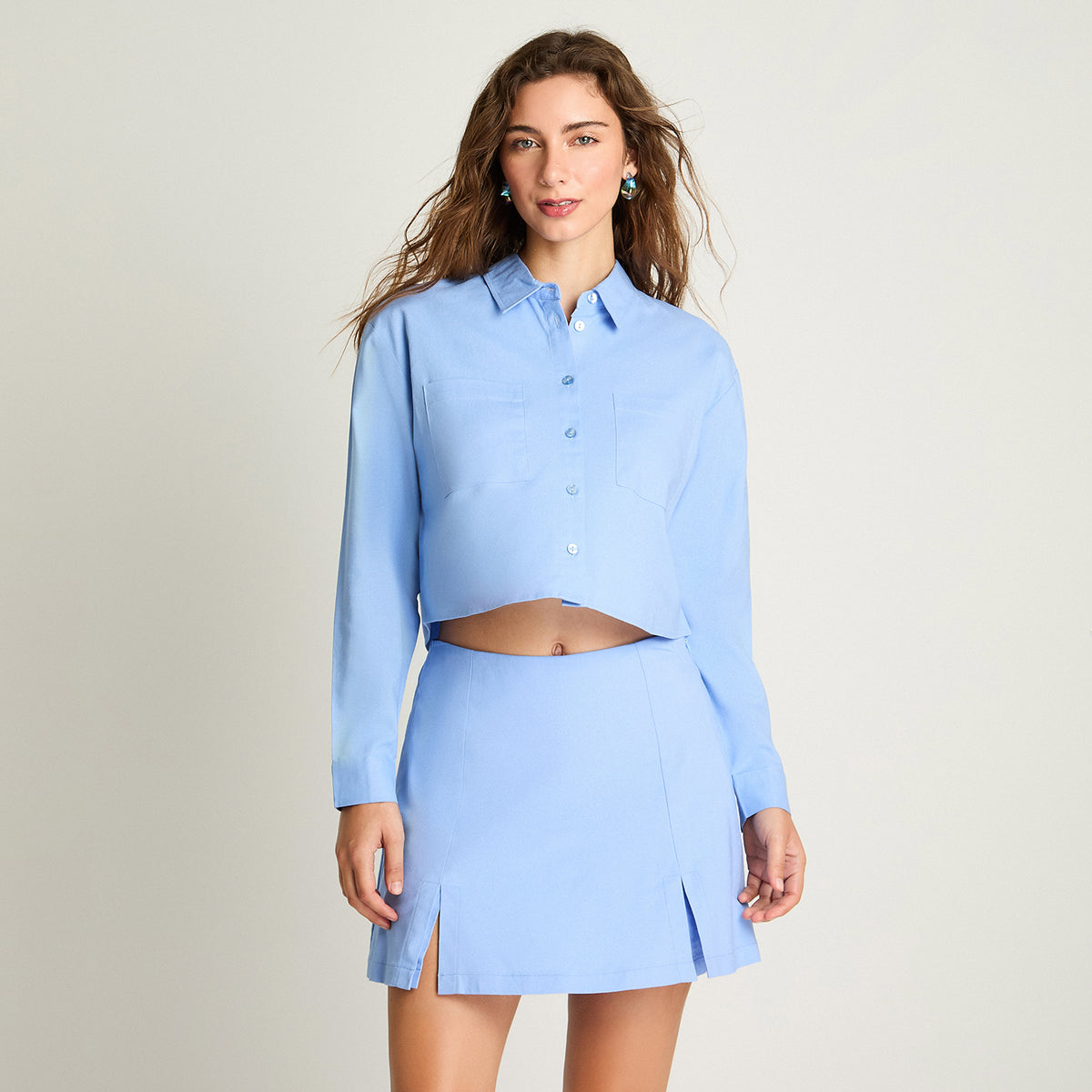 Blusa Crop Lino Celeste