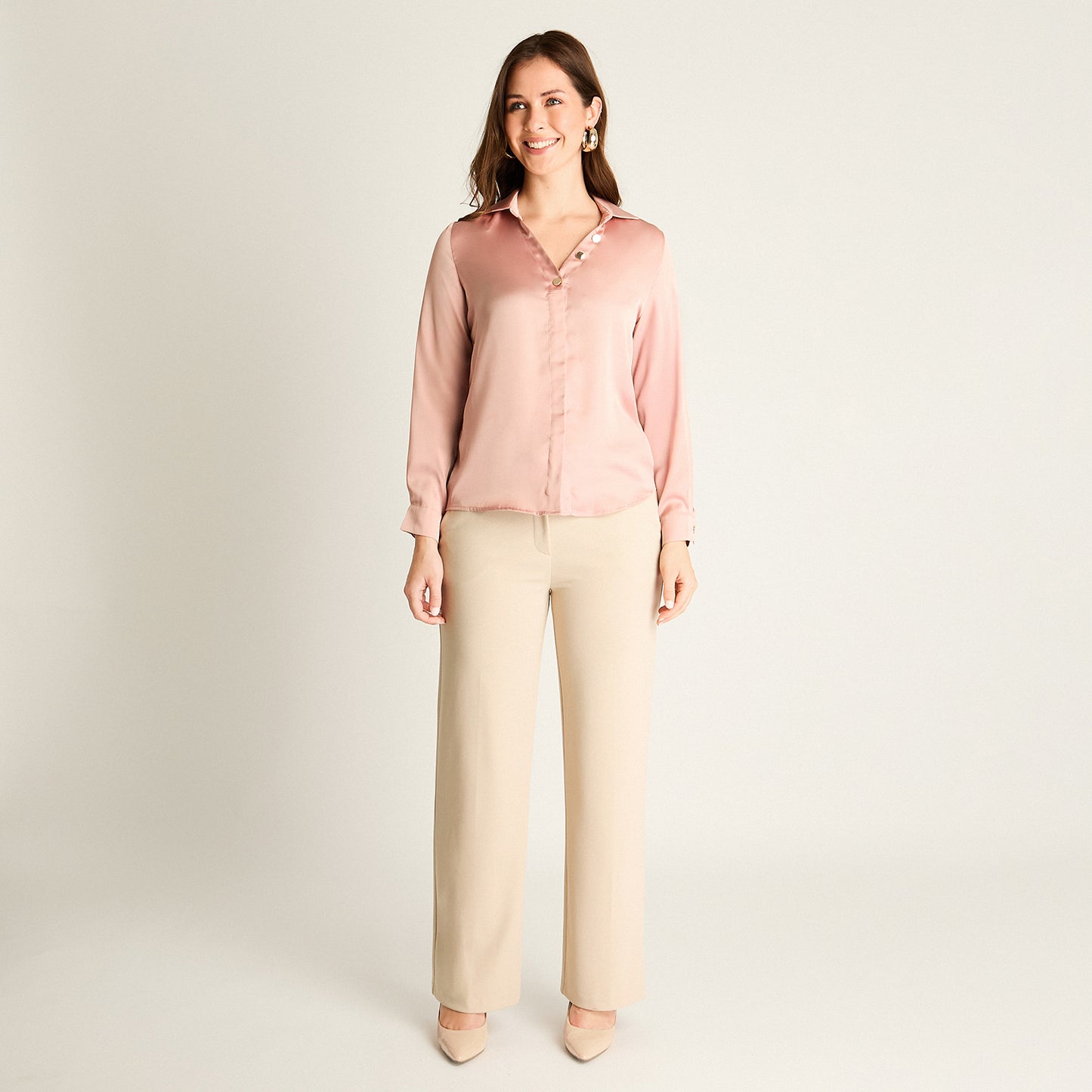 Blusa Rosada Manga Larga Cuello Camisero