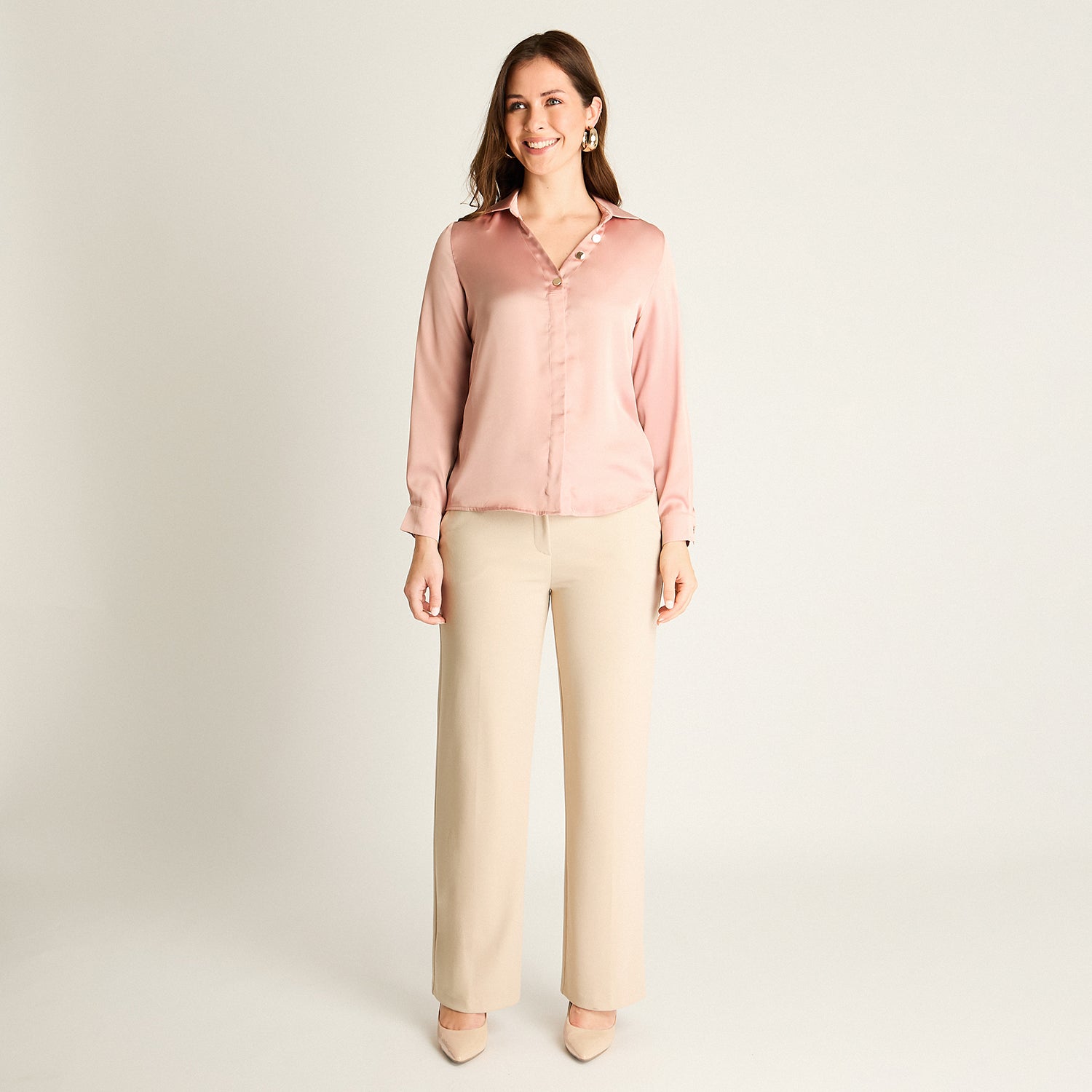 Blusa Rosada Manga Larga Cuello Camisero