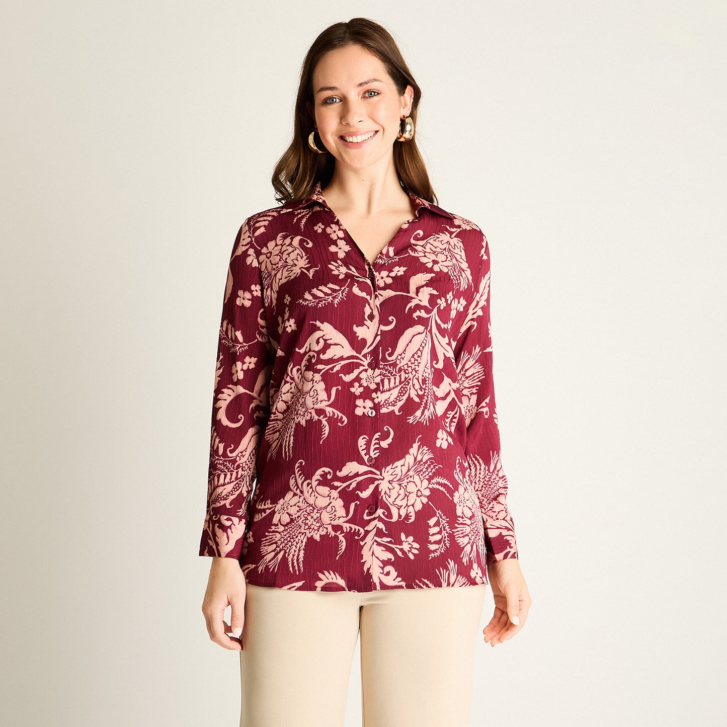 Blusa Burdeo Estampada Manga Larga