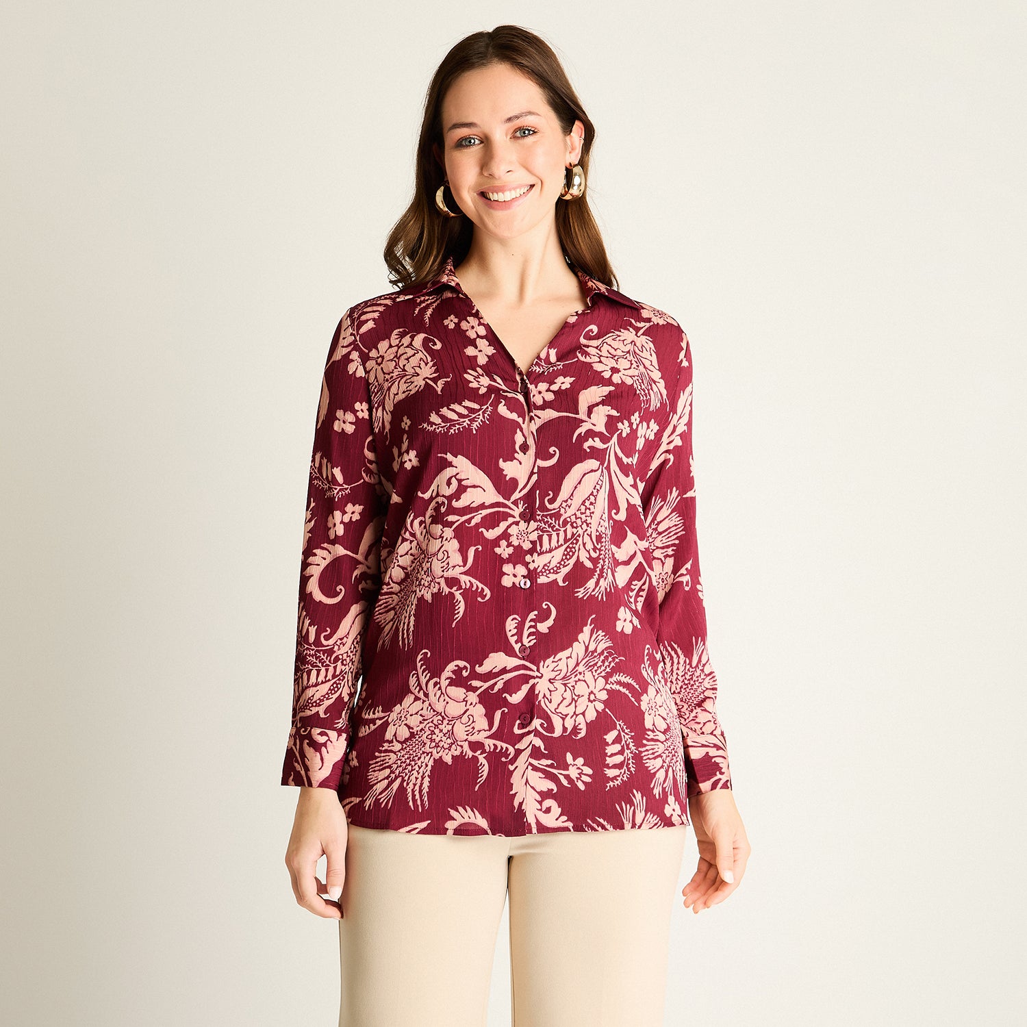 Blusa Burdeo Estampada Manga Larga