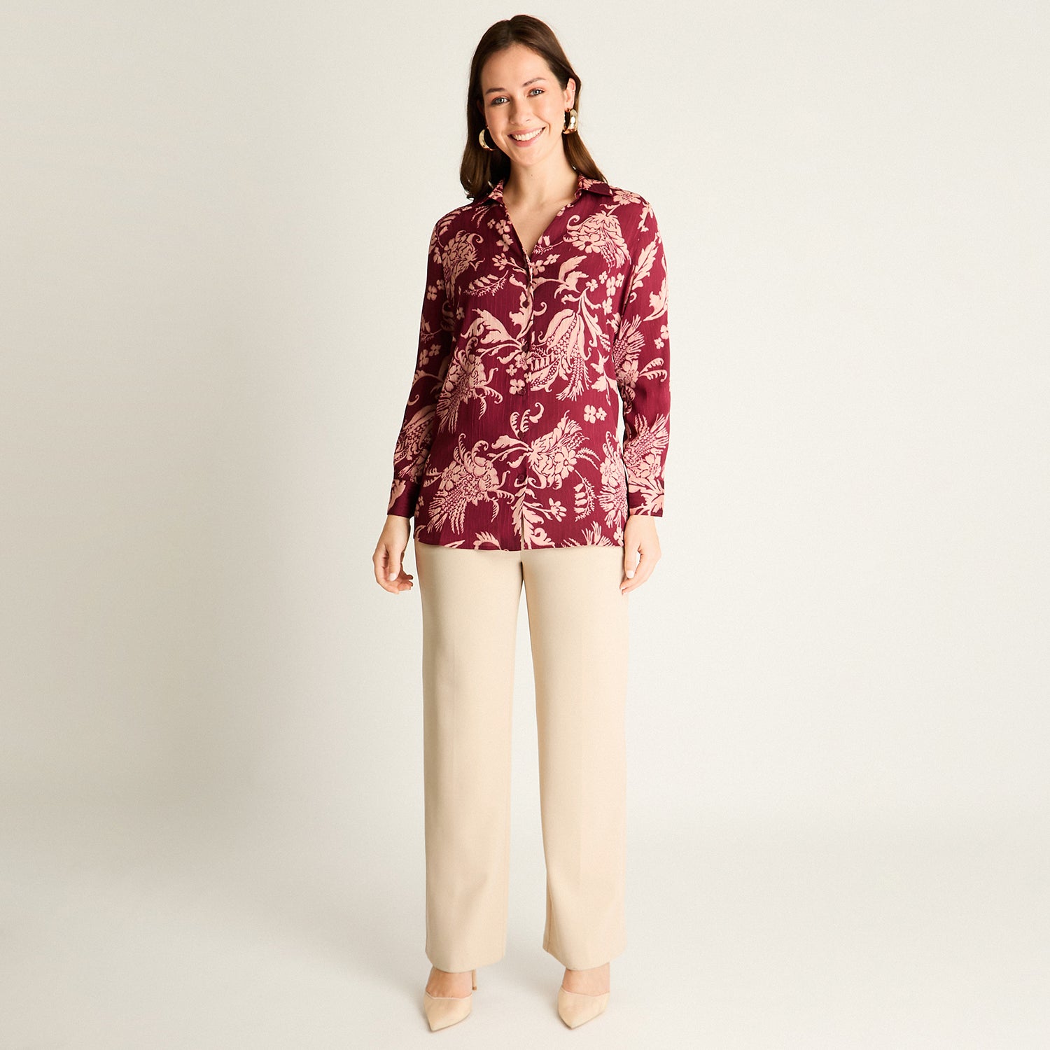 Blusa Burdeo Estampada Manga Larga