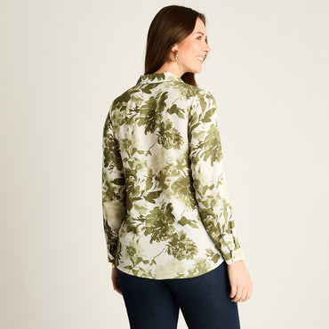 Blusa Verde con Estampado Floral y Mangas Roll-Up